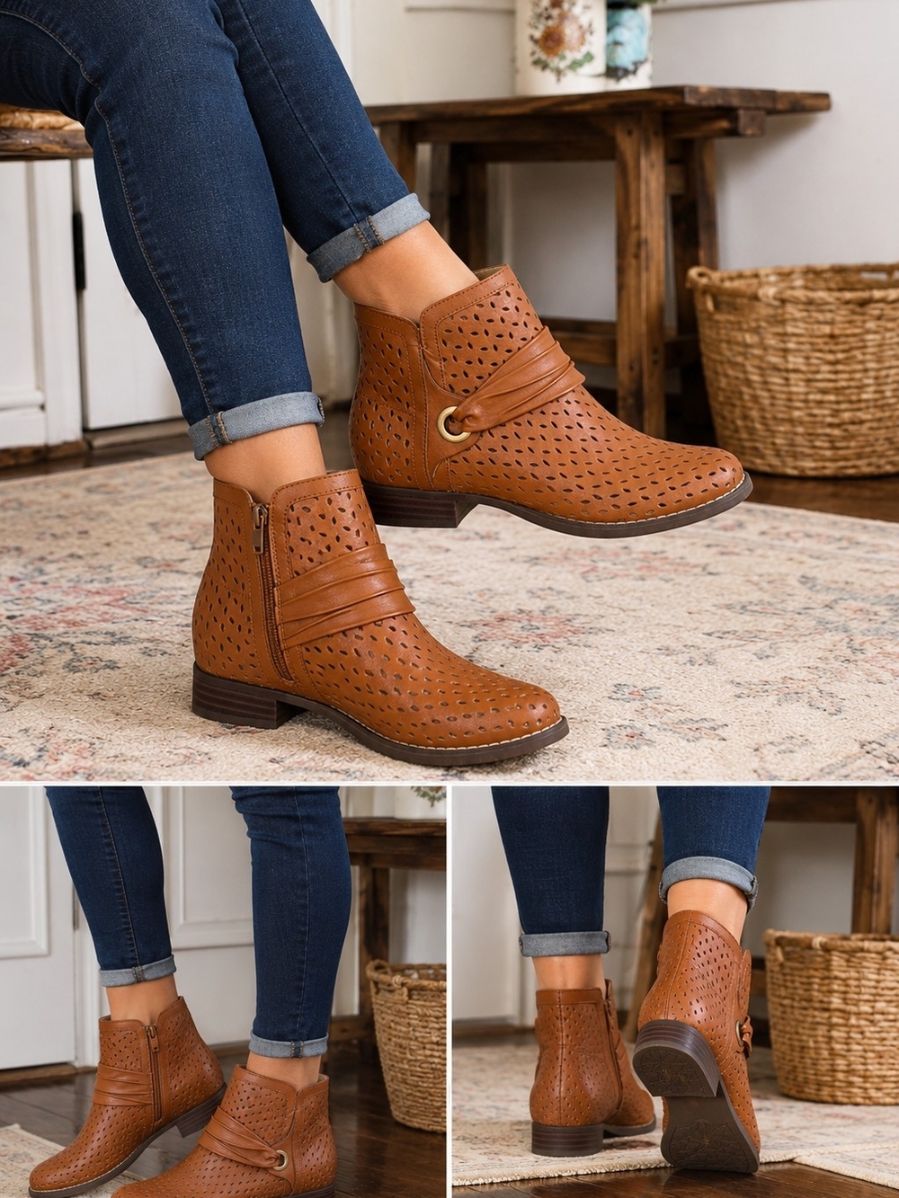 Spenco Brown Perforated Ankle Booties Comfort Shoes Women's Size 5B